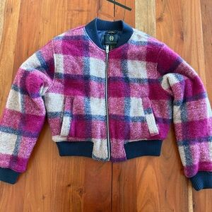 House of Harlow 1960 Wool Blend Plaid Bomber Jacket in Pink and Navy